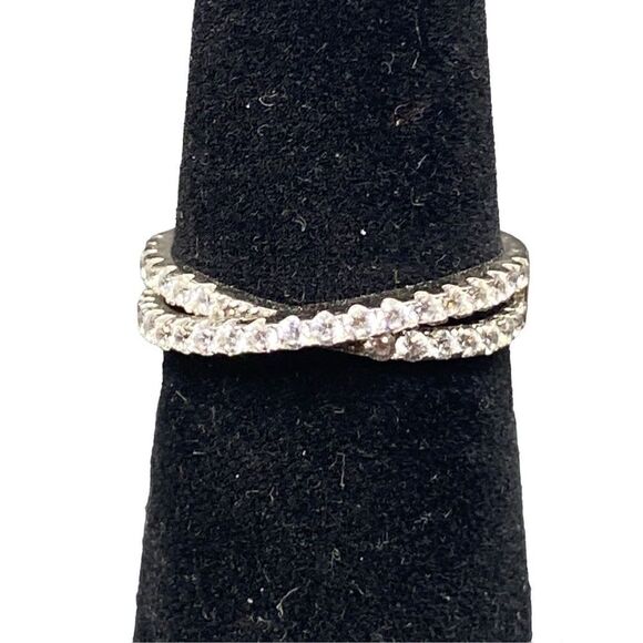 Sterling silver 925 Cz double eternity band with center crossover feature size 7 - Picture 1 of 8